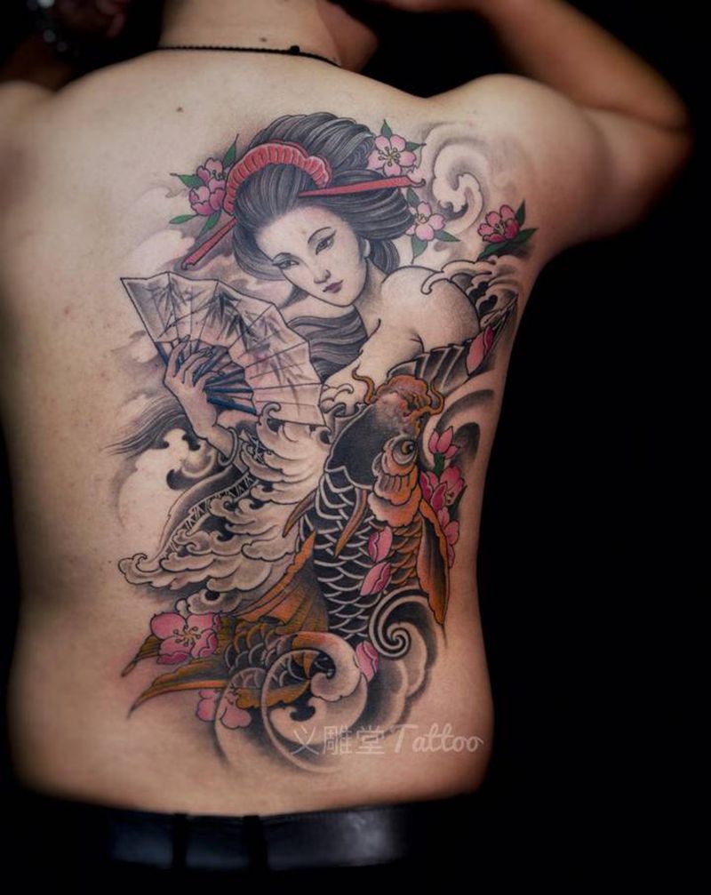 后背艺伎纹身纹身图片_背部新传统重庆纹身图案
