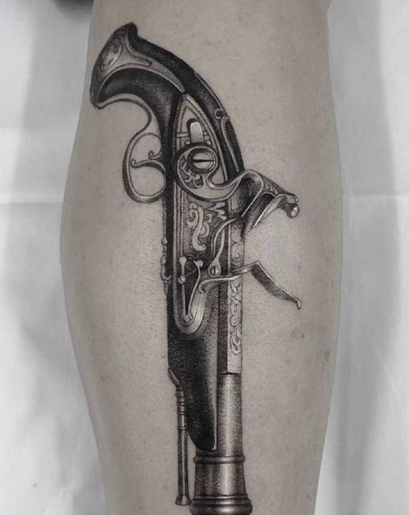 点刺手枪【花魁作品】纹身图片_腿部欧美写实点刺手枪原创纹身图案