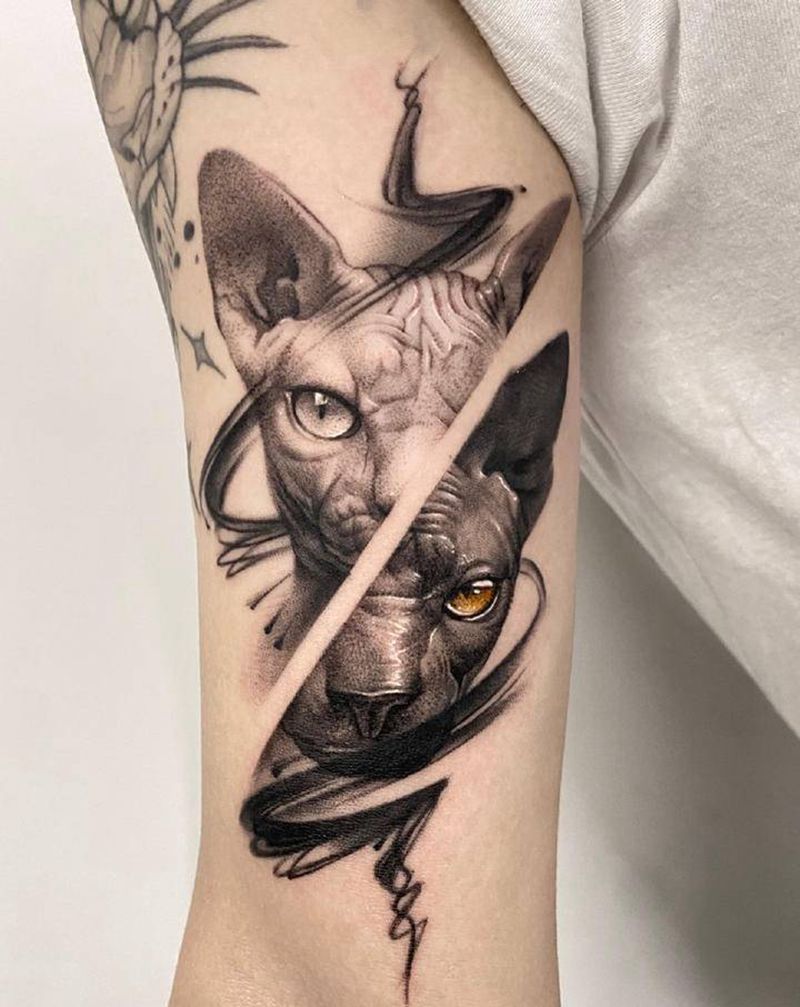 黑白无毛猫纹身图片_手部点刺纹身图案