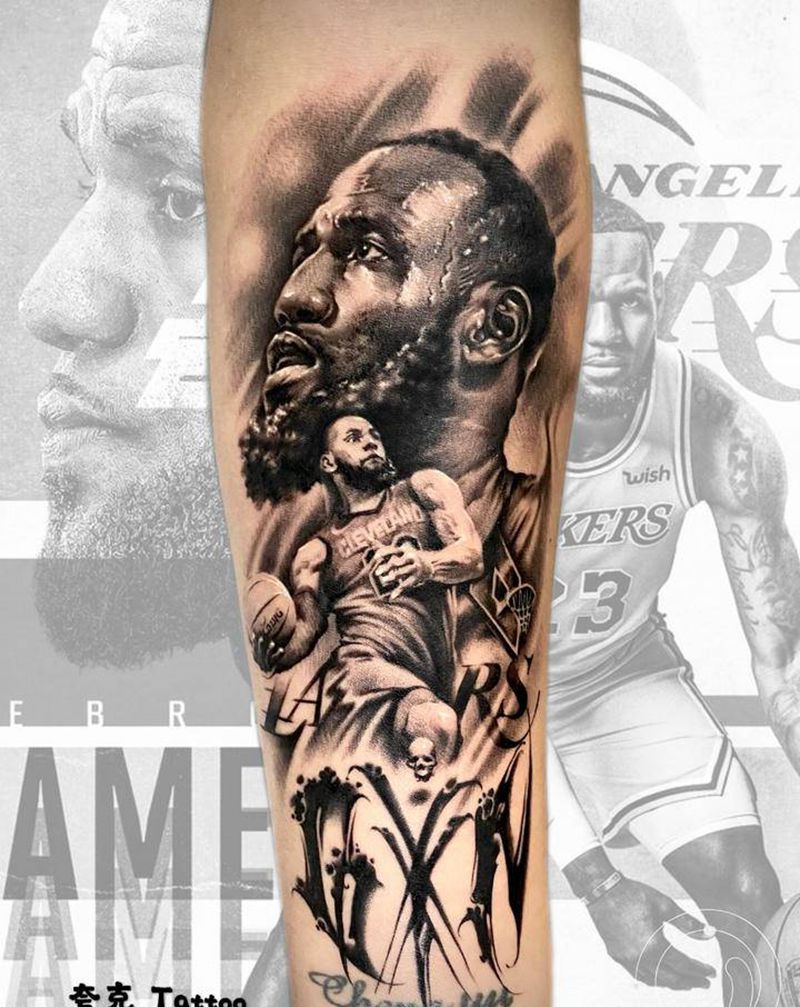 詹姆斯纹身图片_手臂欧美写实花体字肖像纹身图案