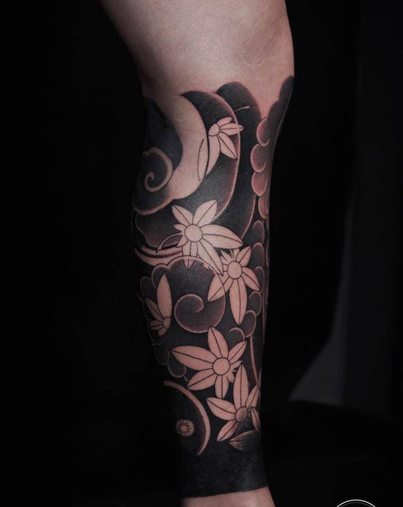 小腿纹身（遮盖）纹身图片_腿部老传统重庆纹身图案