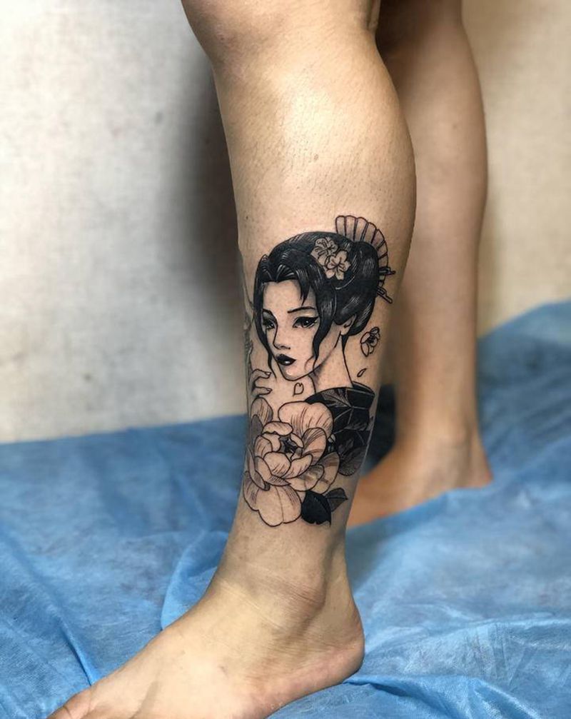 艺妓纹身图片_腿部纹身图案