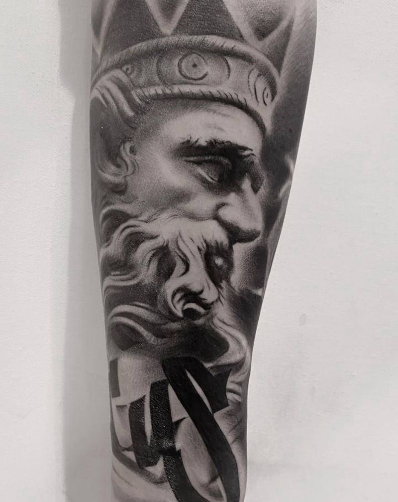 波塞冬纹身图片_手臂欧美写实纹身图案