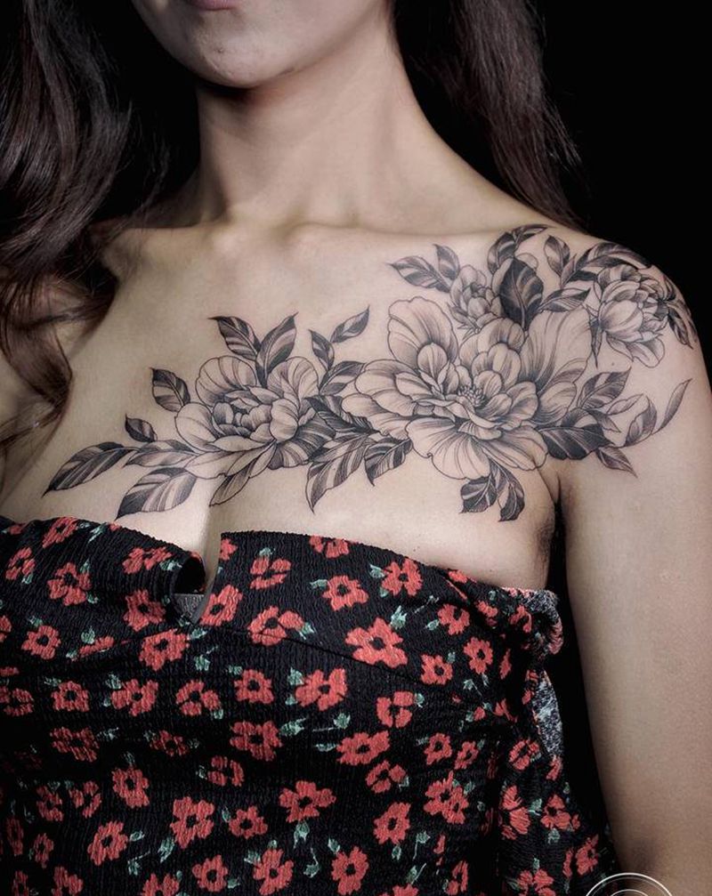 牡丹花纹身纹身图片_胸部新传统重庆纹身图案