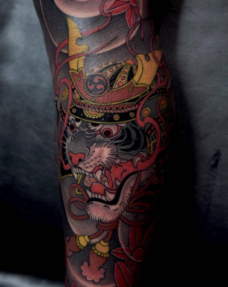 小腿虎武士纹身纹身图片_腿部老传统重庆纹身图案