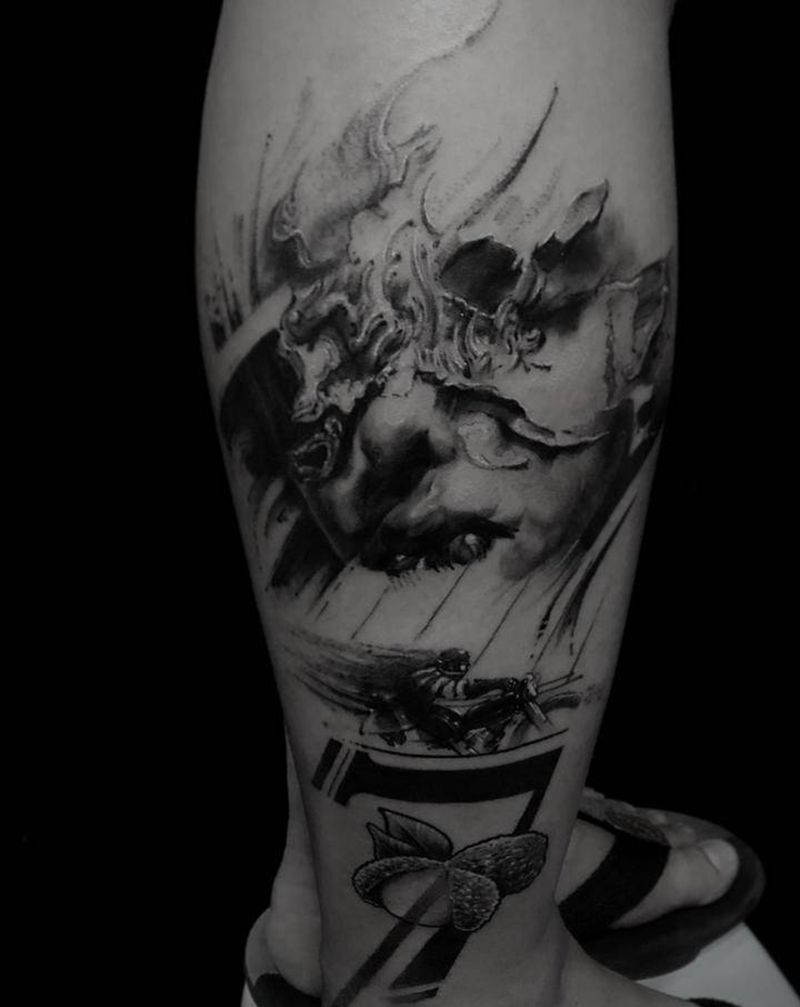 纪念事物纹身图片_腿部欧美写实纹身图案