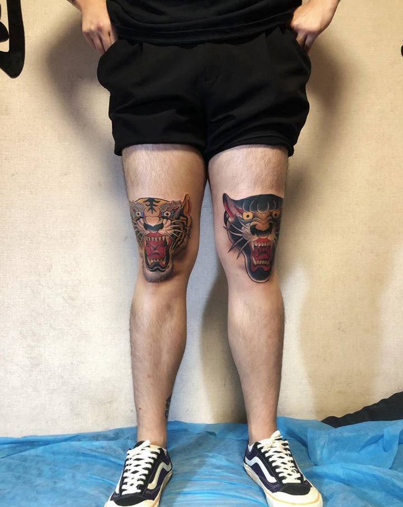 虎，豹纹身图片_腿部Old School纹身图案