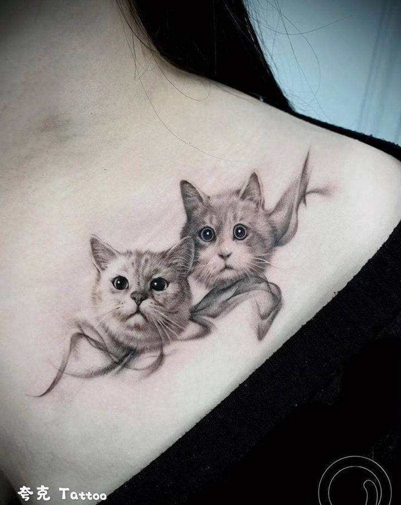 猫咪纹身图片_胸部欧美写实猫宠物纹身图案