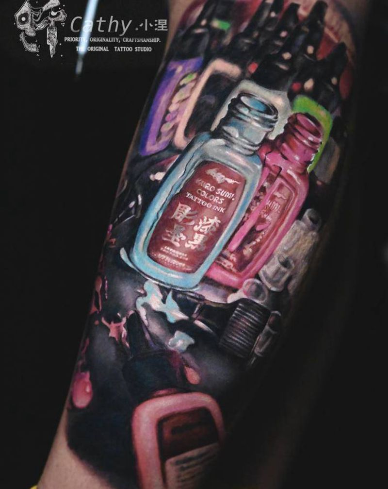 雕漆色料纹身图片_腿部欧美写实New School色料仟纹身图案