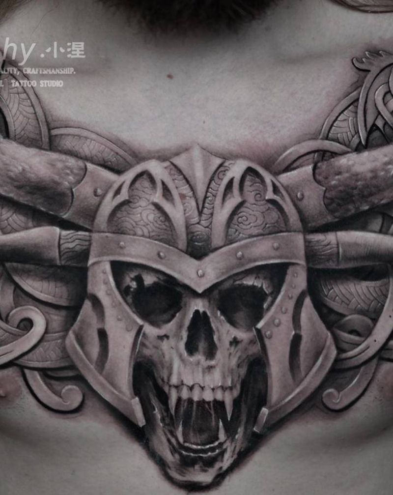 浮雕花胸纹身图片_肩部胸部图腾欧美写实骷髅3d仟纹身图案