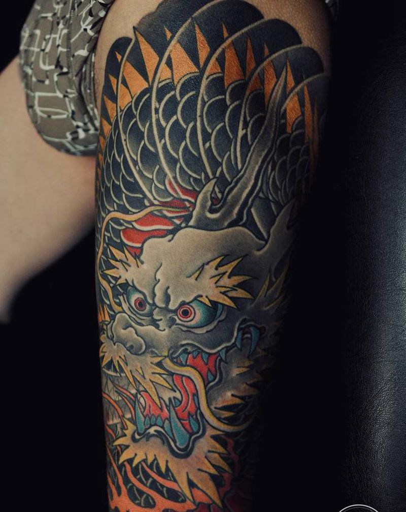 龙纹身纹身图片_腿部老传统纹身图案