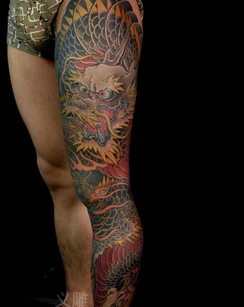 龙腿纹身纹身图片_腿部老传统花腿纹身图案