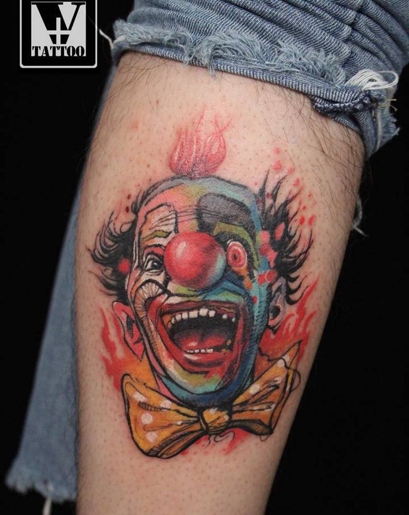 小丑纹身图片_腿部水彩欧美写实纹身图案