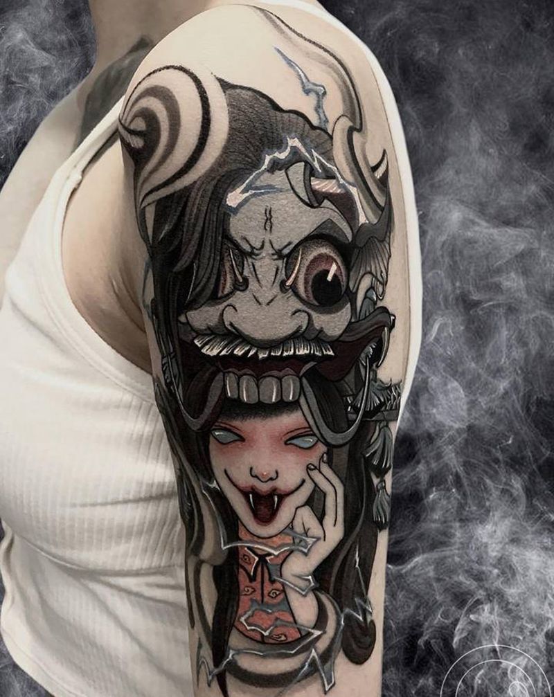 艺伎纹身图片_手臂新传统New School般若艺伎纹身图案