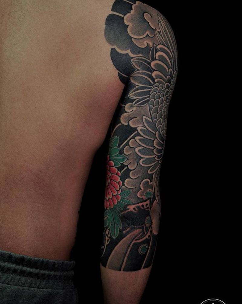 七分臂半胛纹身图片_手臂老传统重庆纹身图案