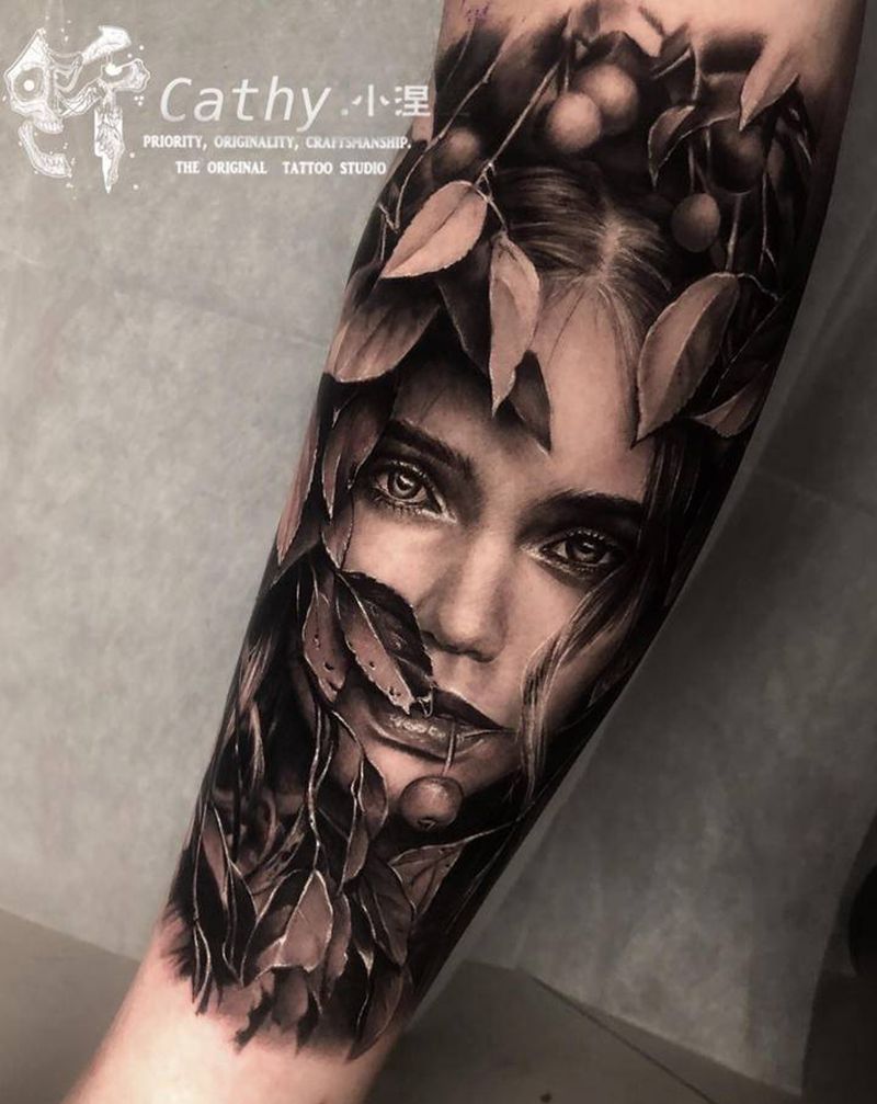 丛林系黑灰纹身图片_手臂腿部欧美写实丛林叶子仟纹身图案