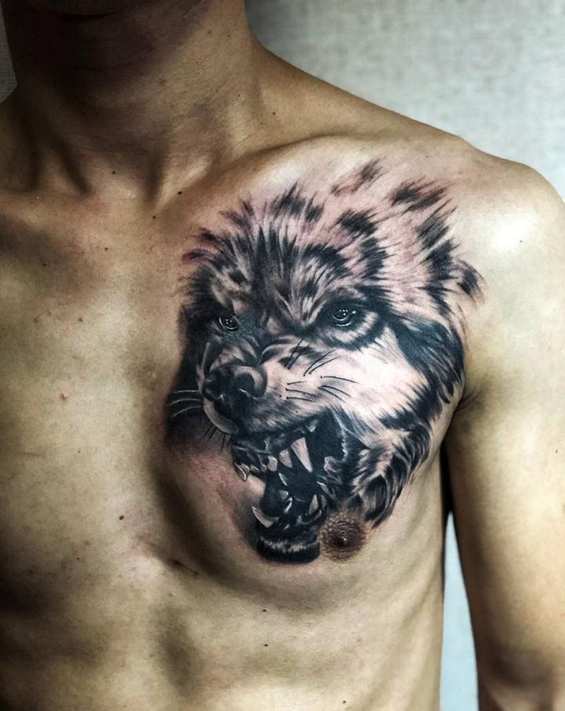 狼头纹身图片_胸部纹身图案