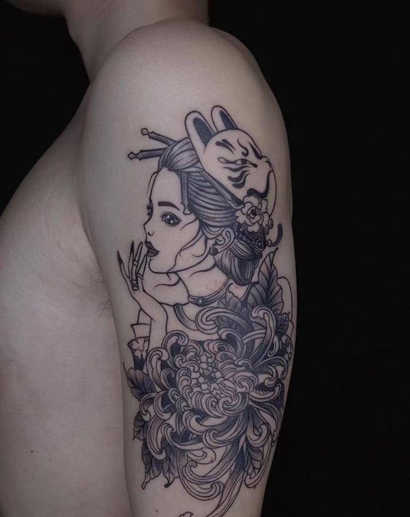 艺妓纹身图片_手臂老传统纹身图案