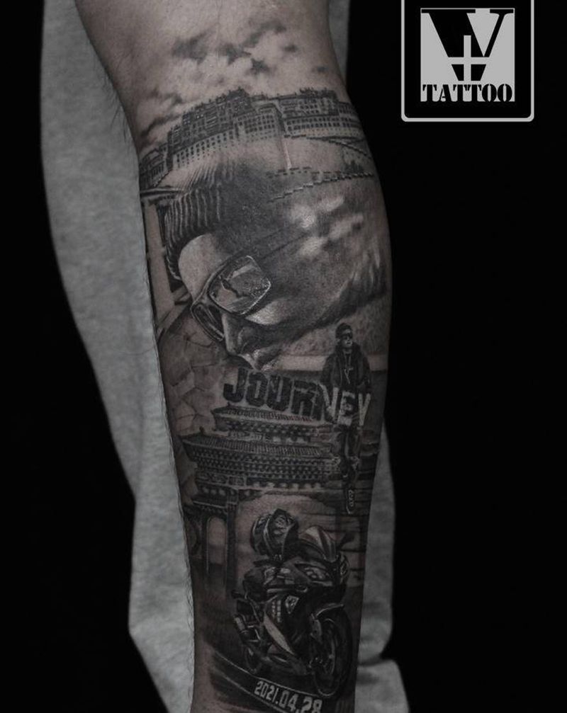 西藏之旅纹身图片_腿部欧美写实纹身图案