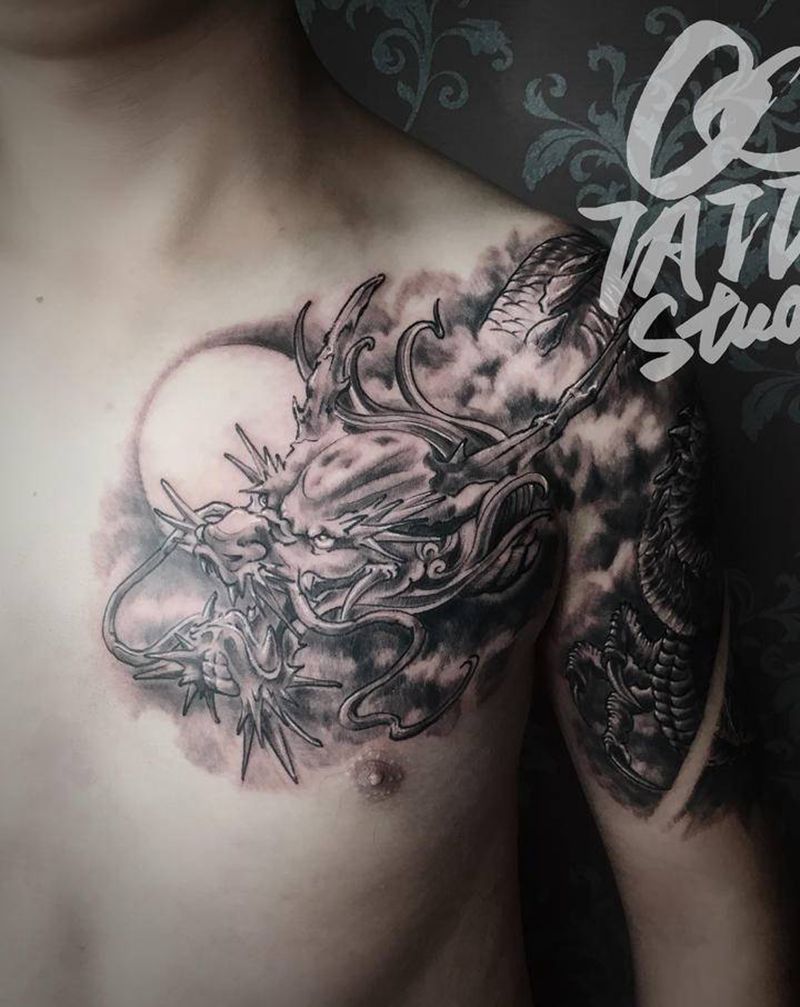 过肩龙纹身图片_胸部手臂新传统纹身图案