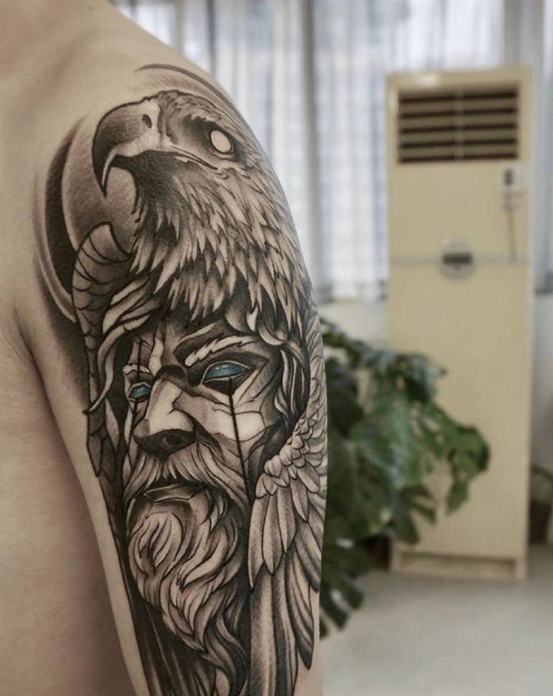 老鹰 老头纹身图片_手臂几何老鹰纹身图案