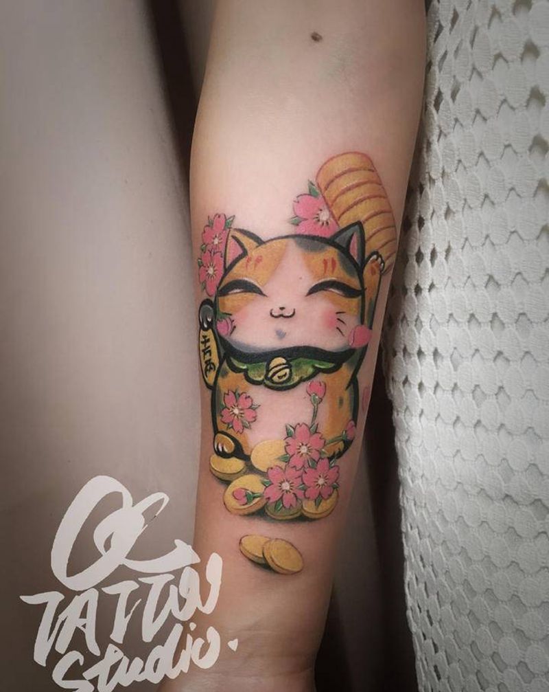 招财猫纹身图片_手臂New School纹身图案