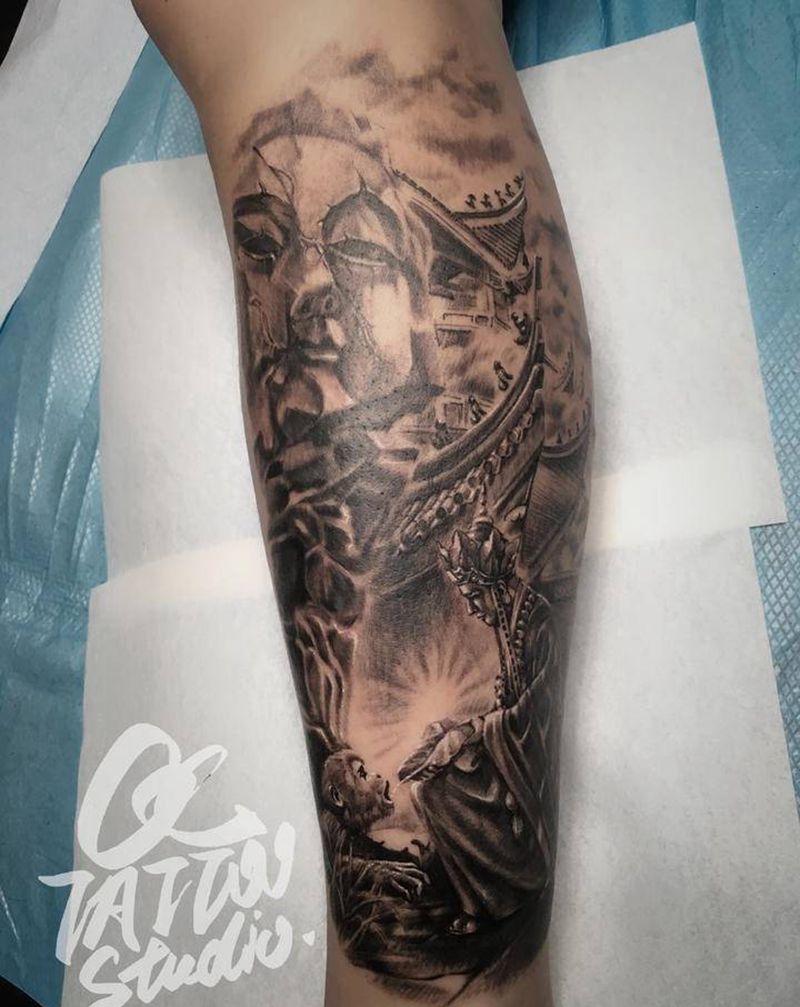 等待救赎纹身图片_腿部欧美写实纹身图案