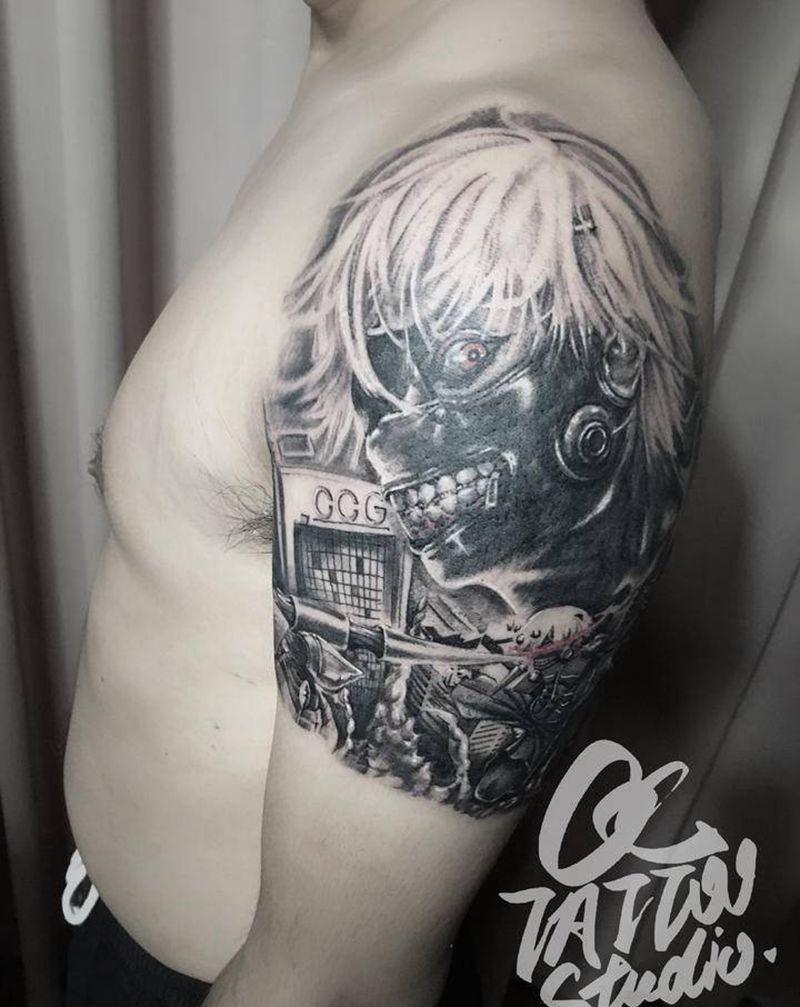 东京食尸鬼纹身图片_手臂欧美写实遮盖纹身图案