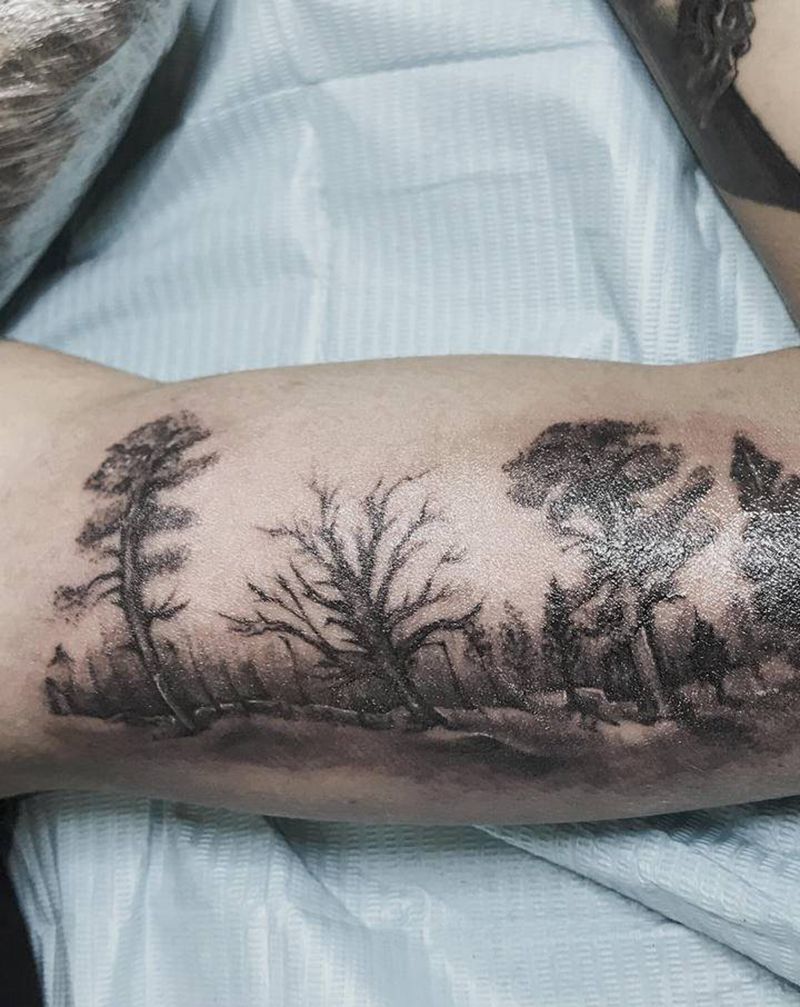 风景写实纹身图片_手臂欧美写实点刺纹身图案