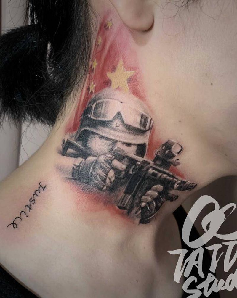 爱国主义纹身图片_颈部欧美写实纹身图案