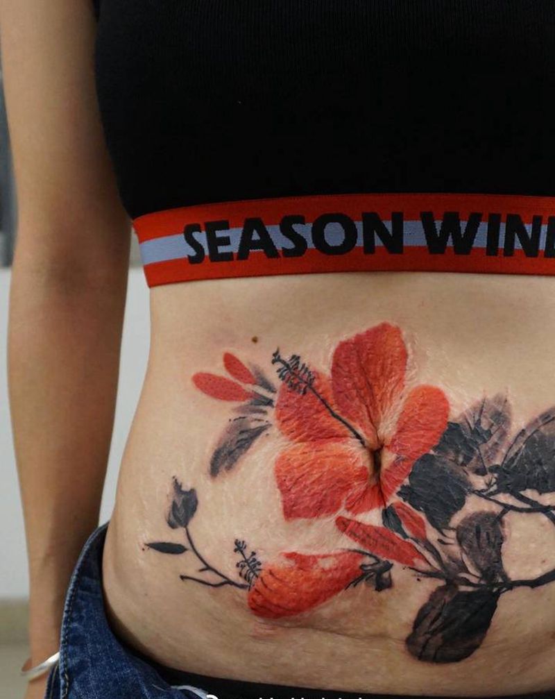 扶桑纹身图片_腹部水墨纹身图案