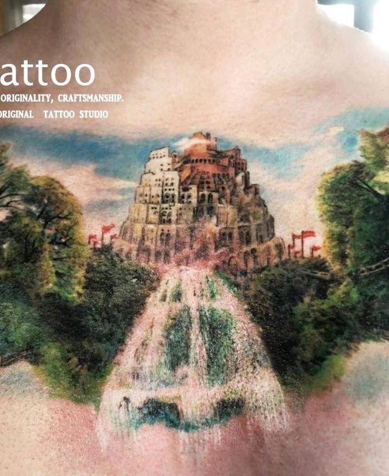 空中花园纹身图片_欧美写实纹身图案