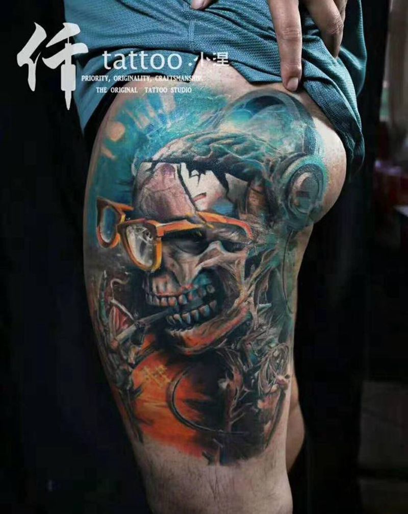 吸烟骷髅纹身图片_欧美写实纹身图案