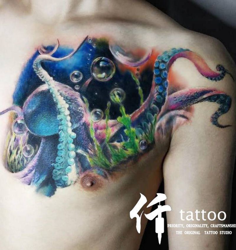 彩色写实大章鱼纹身图片_胸部欧美写实纹身图案