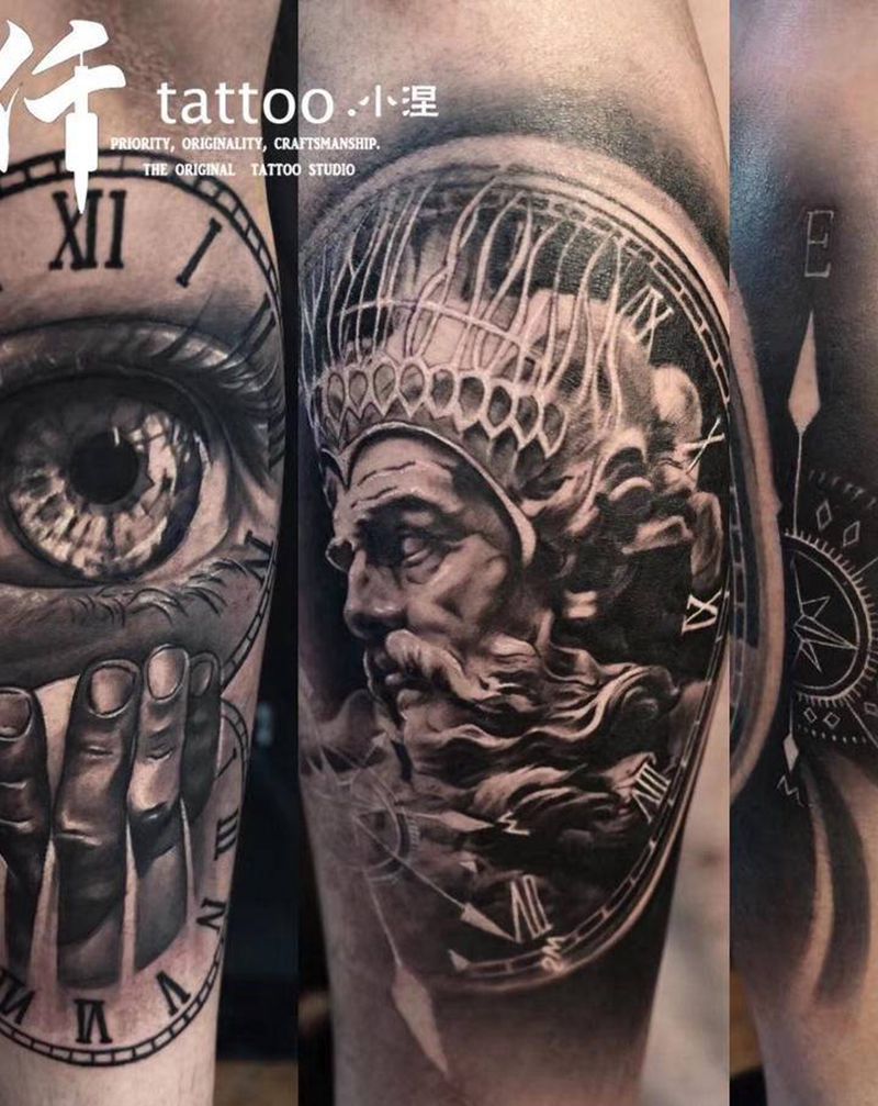 波塞冬眼睛题材包小腿纹身图片_腿部欧美写实纹身图案