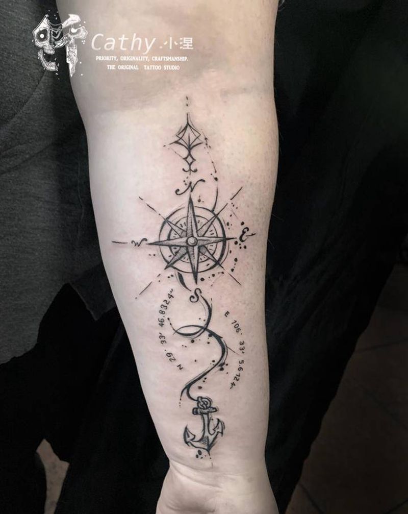 指南针纹身图片_手臂纹身图案