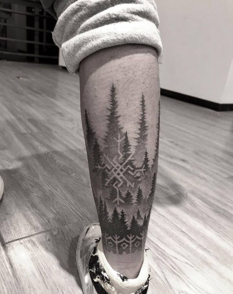 （林）点刺包小腿纹身图片_腿部点刺几何纹身图案