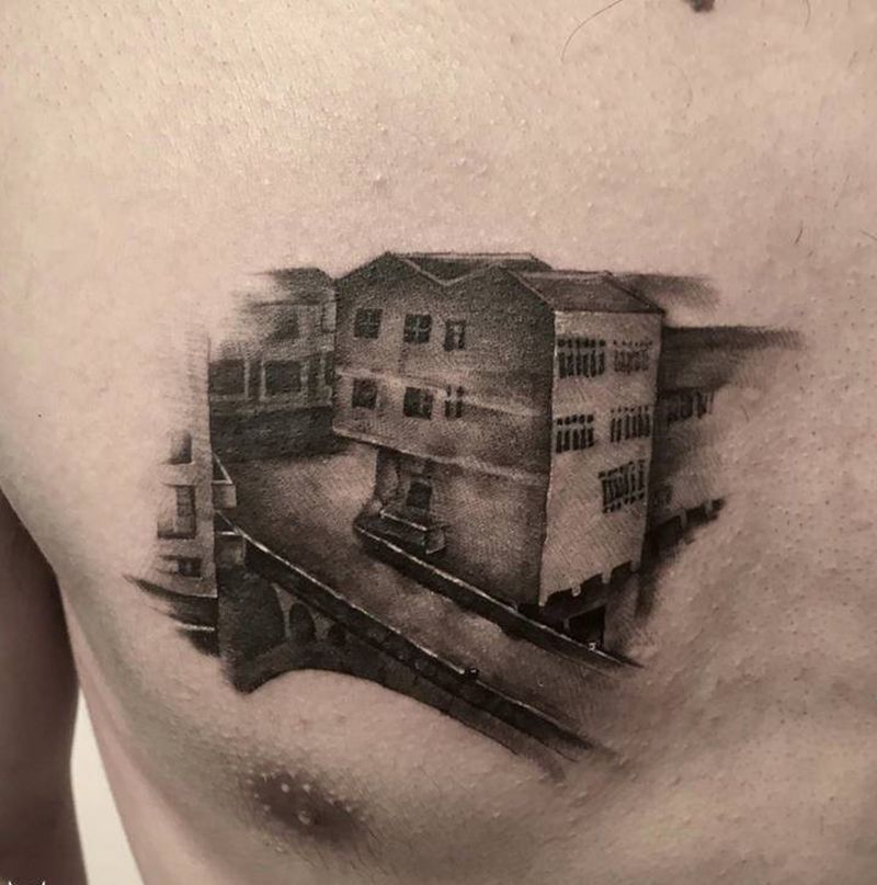 老房子纹身图片_胸部欧美写实纹身图案