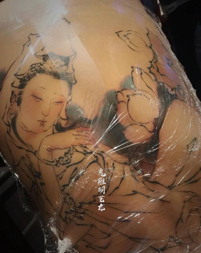 半成品纹身图片_腰部水墨新传统观音仕女中国风纹身图案