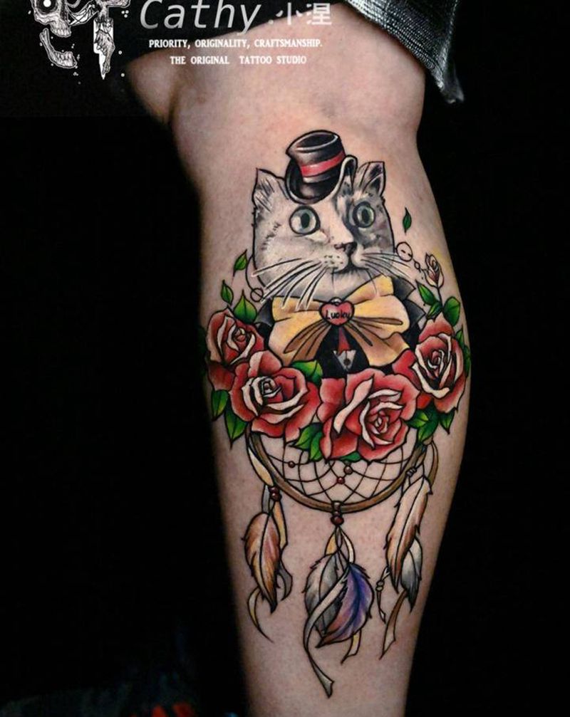 捕梦网与猫纹身图片_腿部New School纹身图案