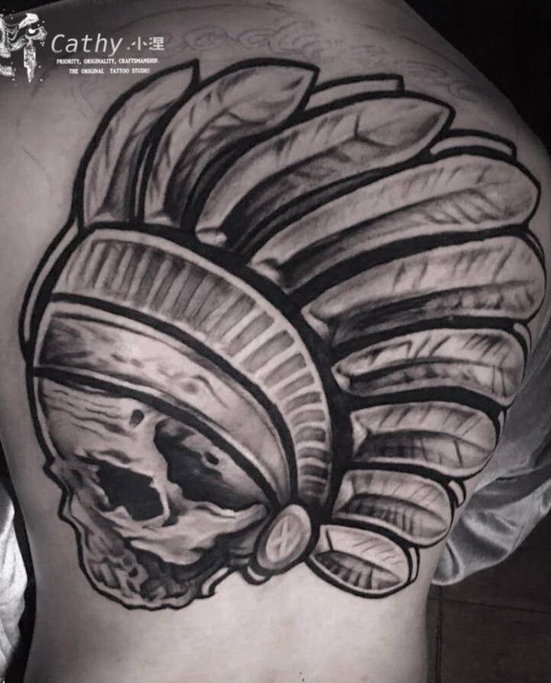 黑灰骷髅印第安纹身图片_背部纹身图案