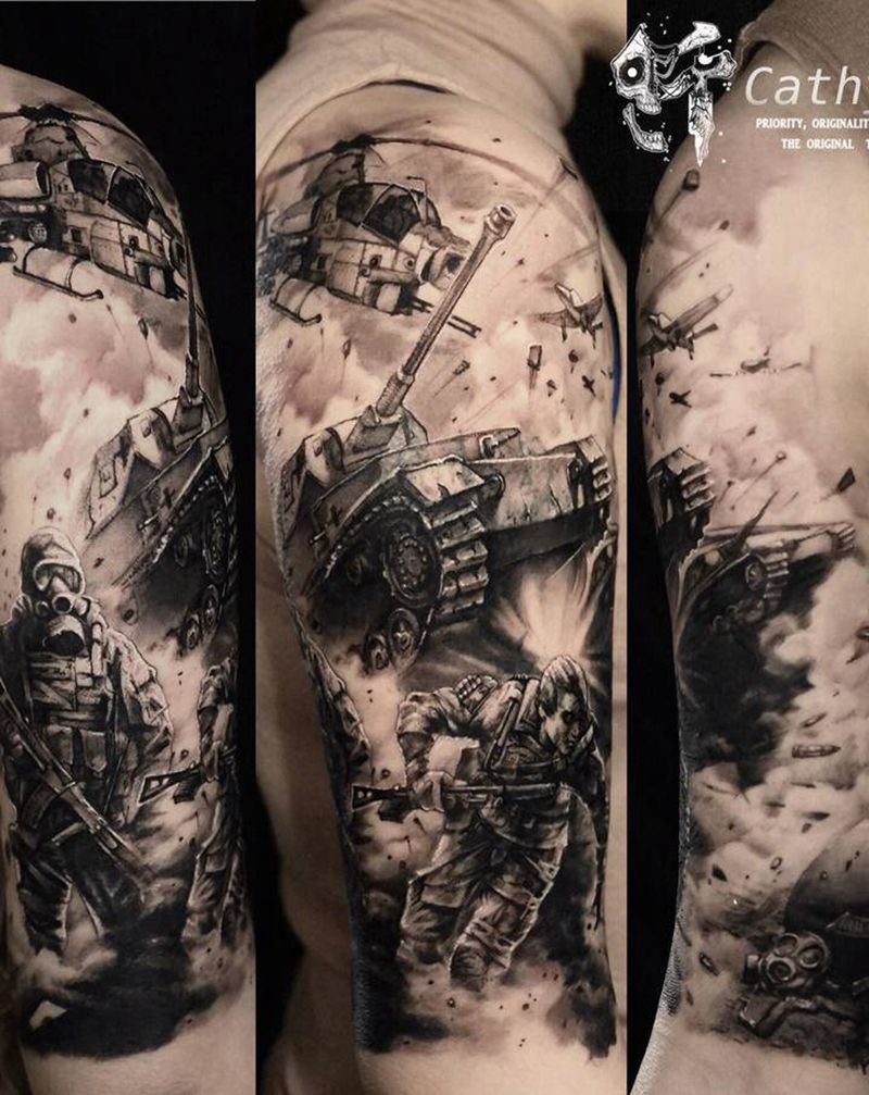 战争题材包上臂纹身图片_手臂欧美写实纹身图案