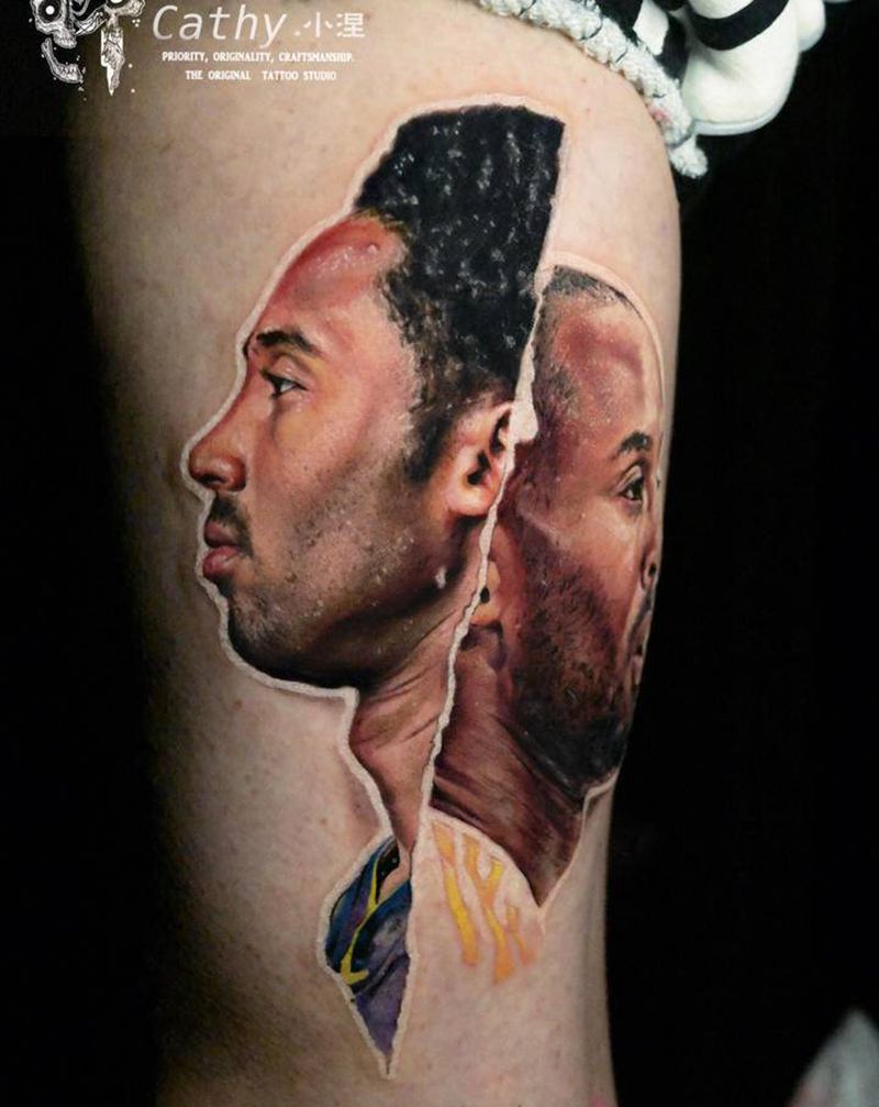科比写实纹身图片_腿部欧美写实纹身图案
