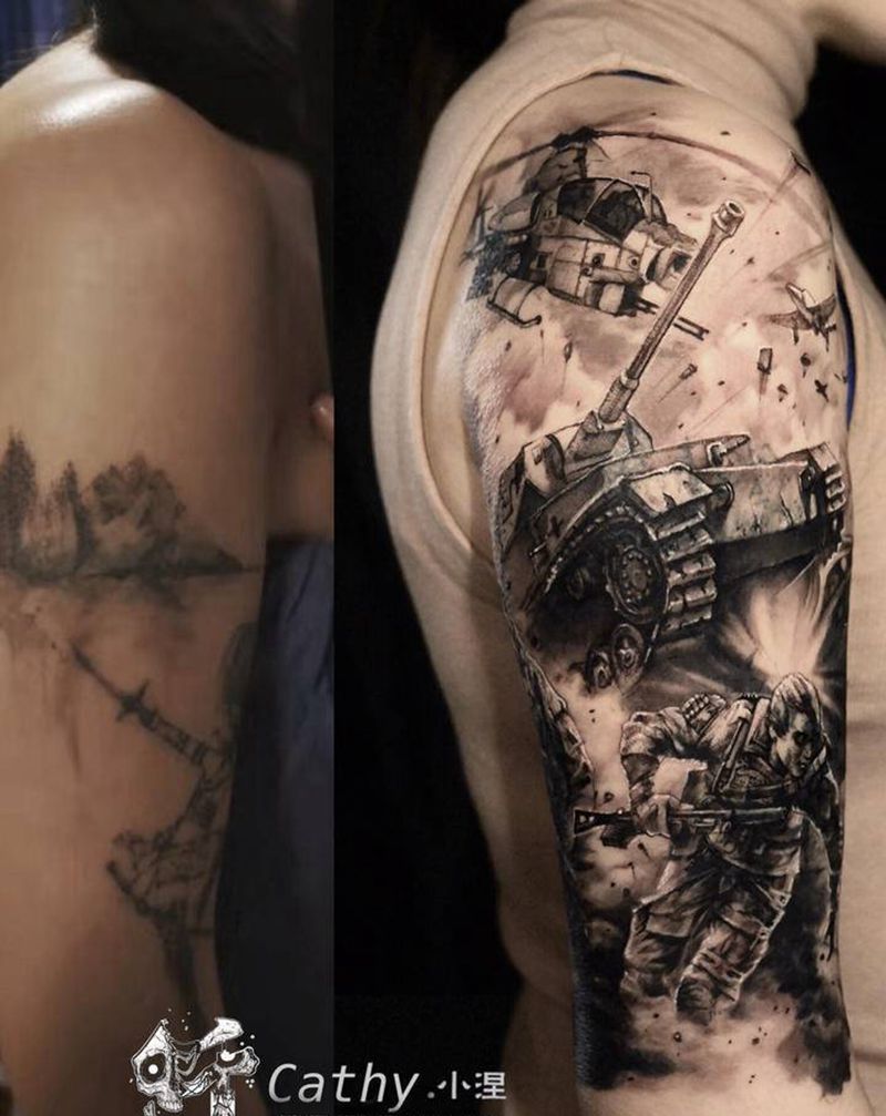 遮盖纹身图片_肩部欧美写实战争纹身图案