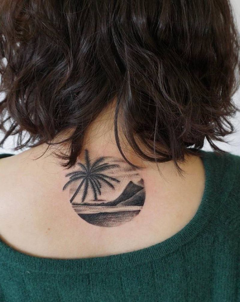 椰林树影纹身图片_水墨纹身图案