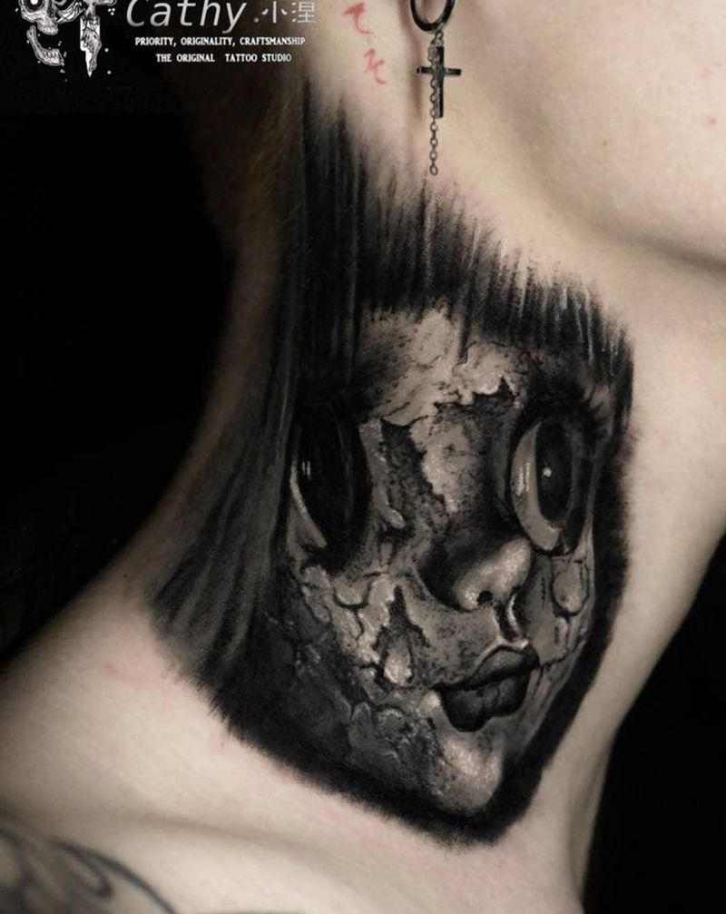 暗黑写实脖子纹身图片_颈部欧美写实暗黑纹身图案