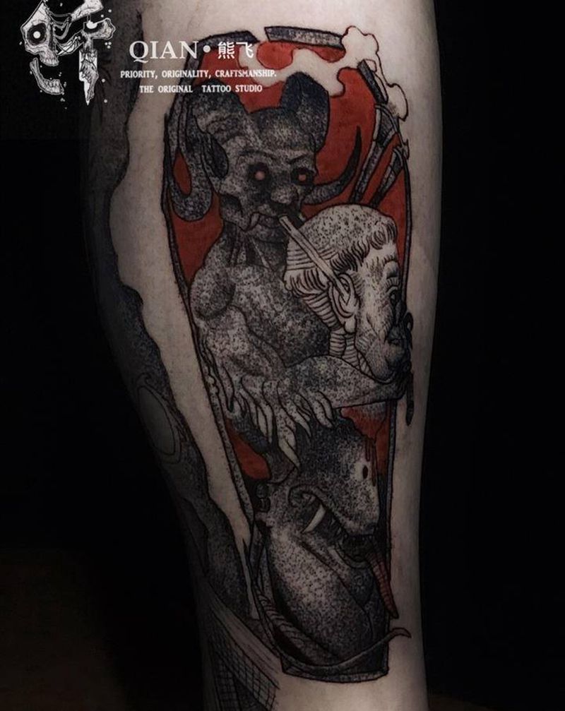 暗黑点刺纹身图片_腿部点刺暗黑纹身图案