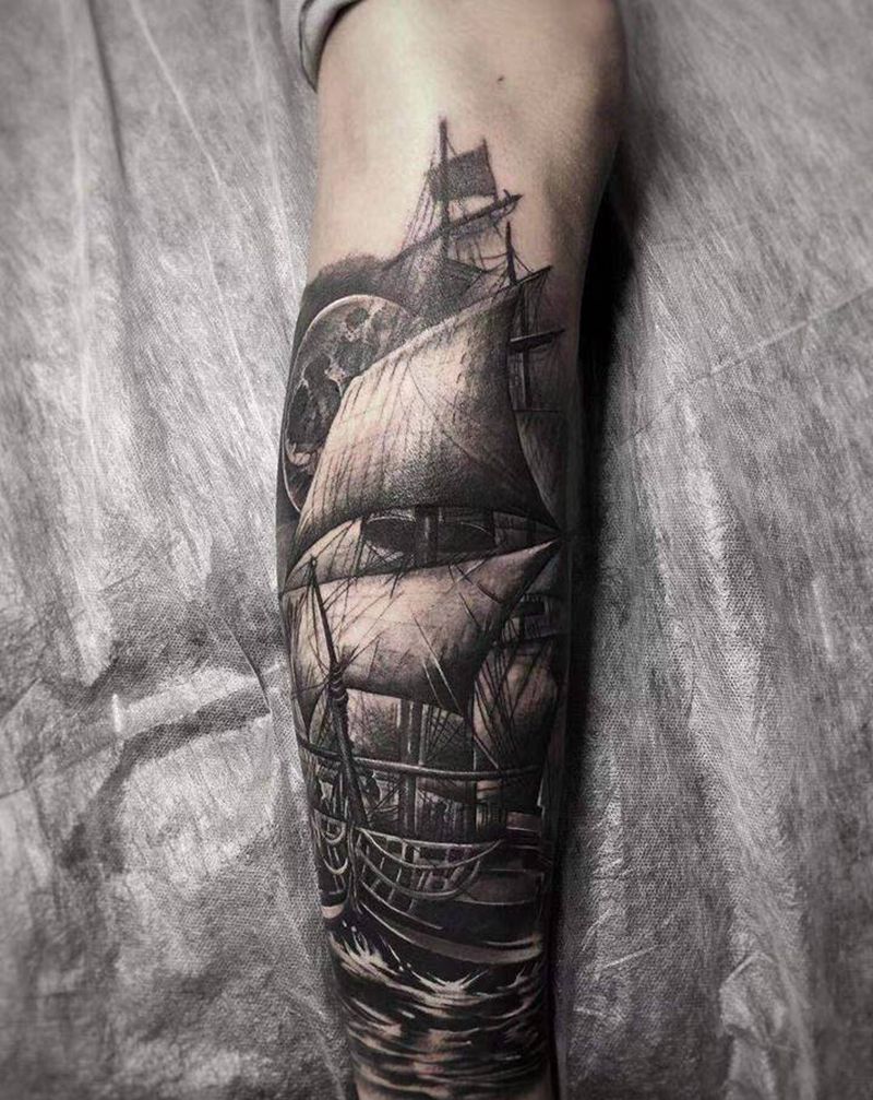 海盗船纹身图片_腿部欧美写实纹身图案