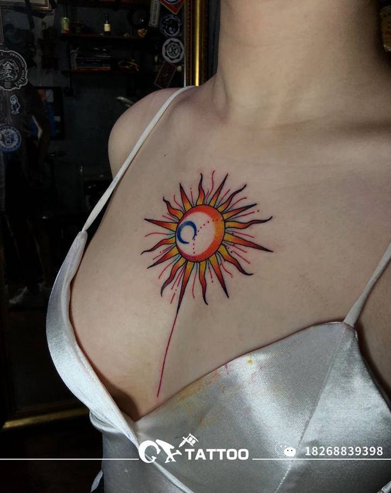 太阳纹身图片_胸部New School小清新鬼绣文化纹身图案