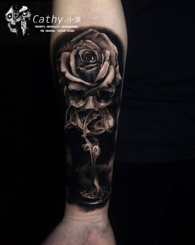 骷髅玫瑰纹身图片_手臂欧美写实暗黑纹身图案